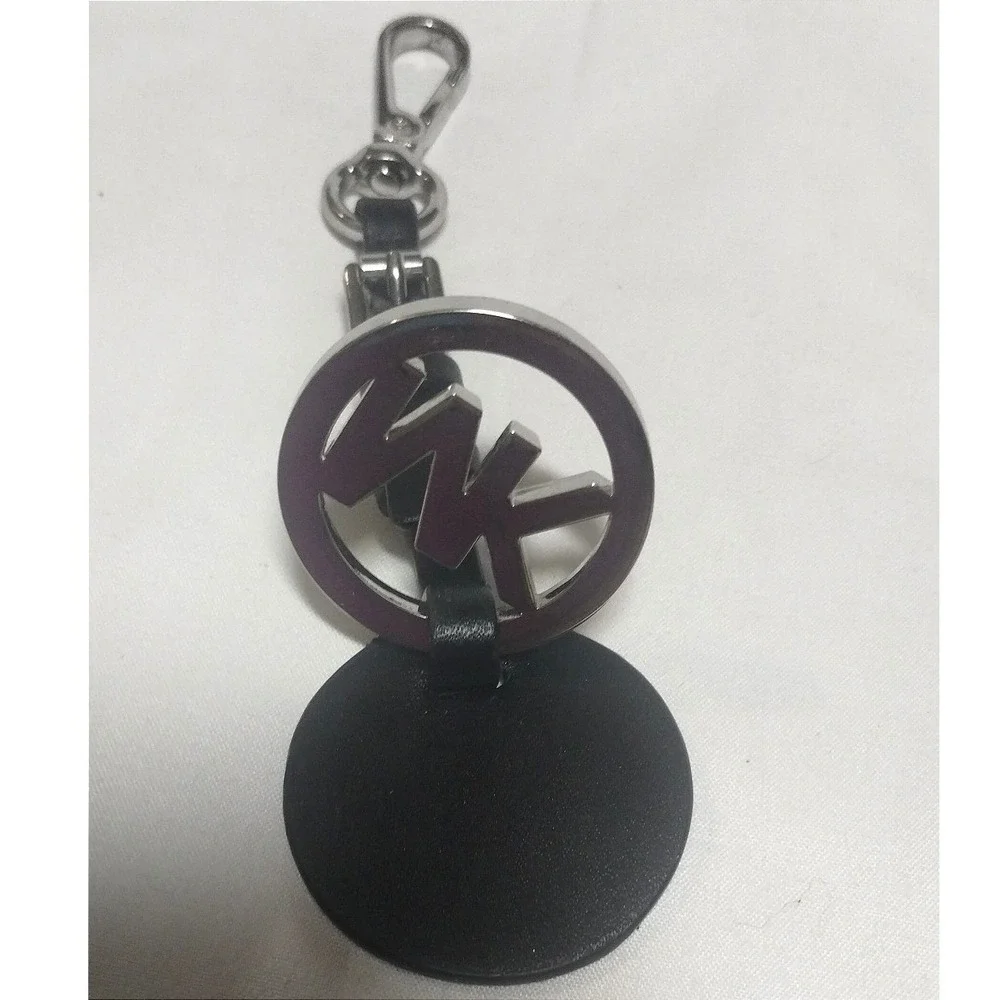 Michael Kors MK Circle Logo Leather Buckle Bag Charm Keychain Black Silver